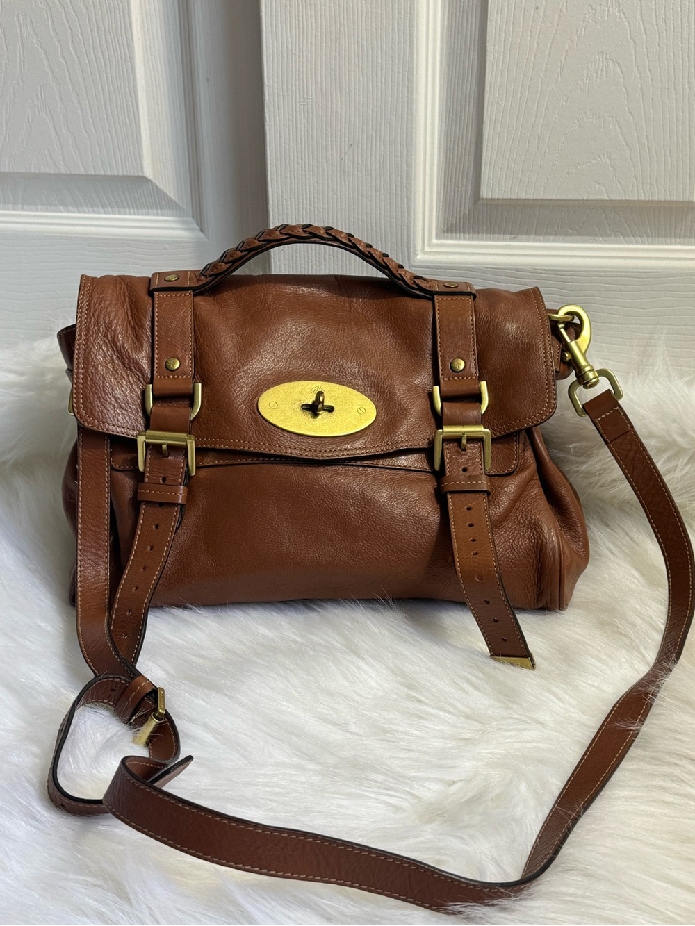 Brown Leather Satchel with Gold Hardware